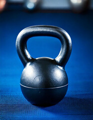 Fototapeta premium Black iron Kettlebell weight on a blue background with copy space