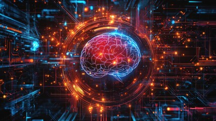 A digital illustration of a human brain, with glowing lights cyber