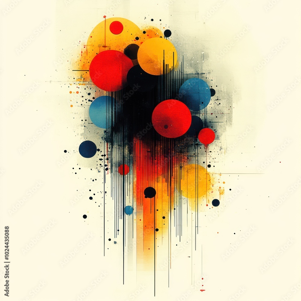 Poster abstract colorful circles with splashes and droplets on white background.