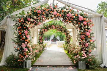 A large tent with white fabric and flowers hanging from the ceiling, generative ai image