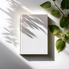  blank white book lying on a bright white background. Dappled sunlight from tree leaves creates soft, natural shadows across the book's cover, giving the composition a calm, organic feel.