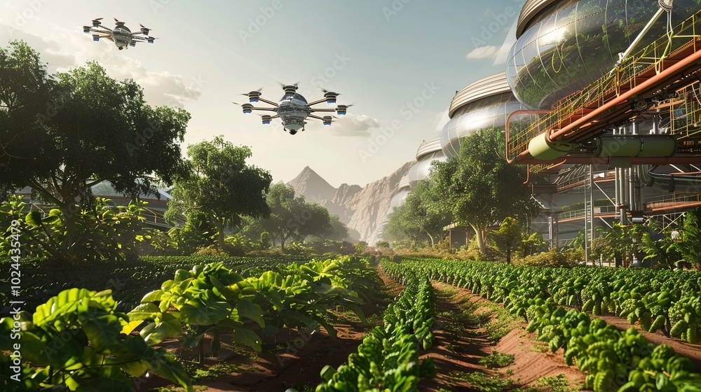 Poster Drones and AI technology actively monitor crops in a futuristic farm, improving agricultural practices and efficiency in the fields. Generative AI