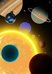 Solar system. All eight planets of different colors and sizes revolve around the Sun in black space, illuminating it with their light, close-up. Astronomy. Science. Planets and stars.