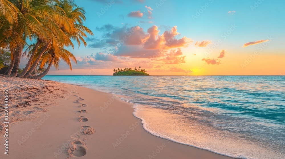 Poster a beautiful beach with a palm tree in the background