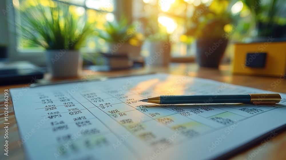 Poster a close-up shot of a clipboard with a pen on a desk, showing a spreadsheet with numbers. the sun shi