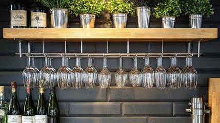 Fototapeta premium Modern wine glass rack with glasses and bottles in a stylish kitchen setting