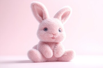 Obraz premium A cute, fluffy pink bunny plush toy sitting against a soft pastel background.