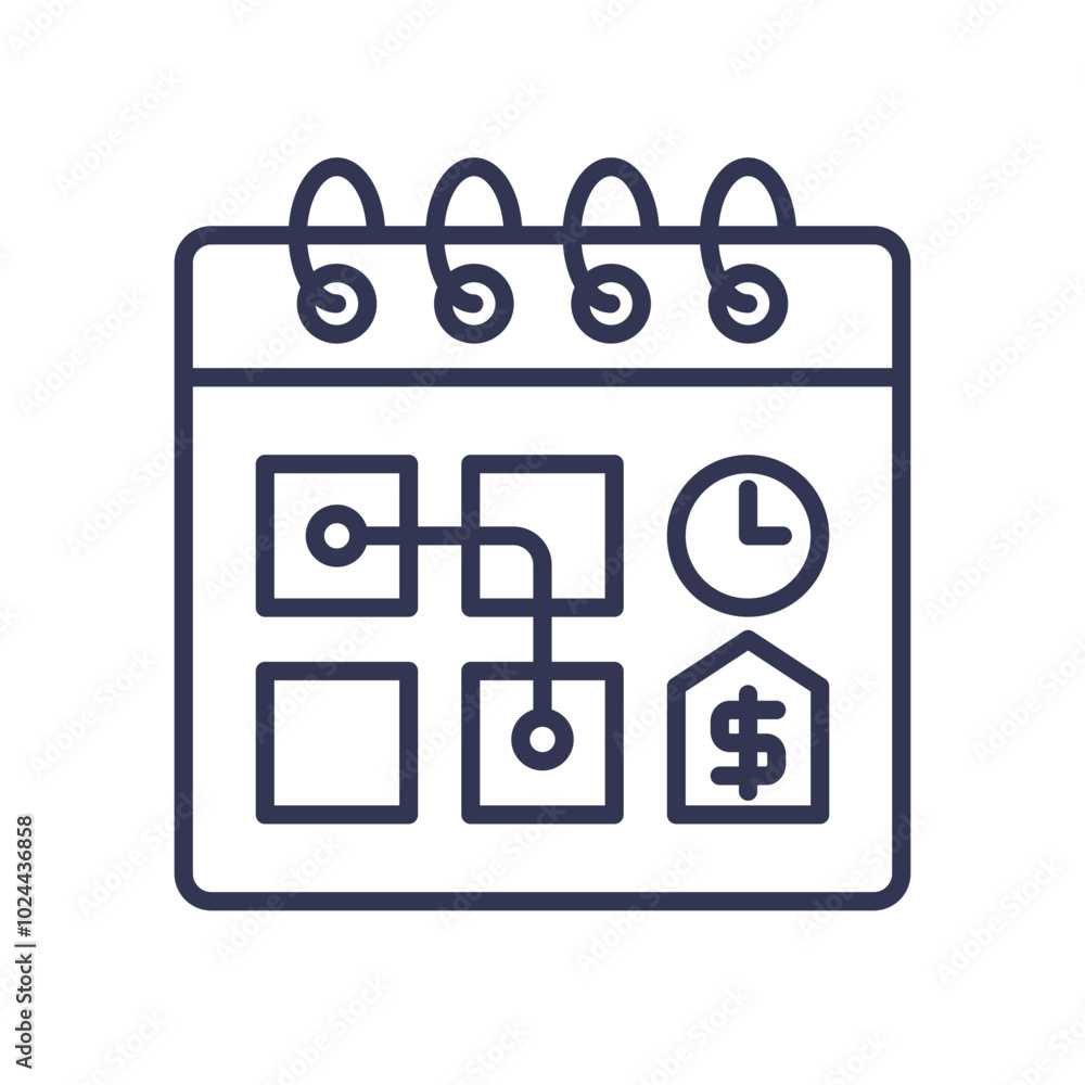 Poster calendar with flowchart, clock, and dollar sign symbolizes efficient scheduling and time management.