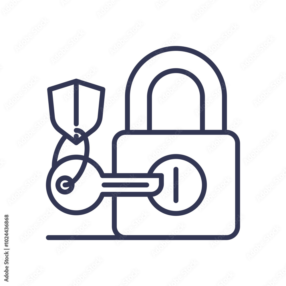 Poster a padlock with a key and shield symbolizes security and protection.