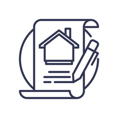 Illustration of a house on a document with a pencil, symbolizing a loan agreement.