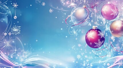 Glittering Snowflakes and Christmas Ornaments on Blue Background
