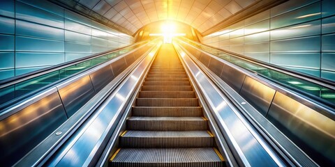 Obraz premium Low angle view of moving escalator in subway with sunlight filtering through