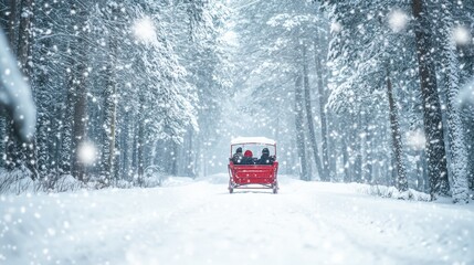 A red sleigh glides along a snow-covered path, carrying passengers through a winter