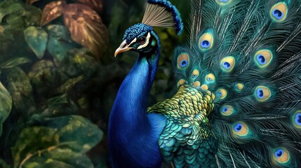 Fototapeta premium A regal peacock stands tall, displaying its brilliant blue and green feathers. The intricate details