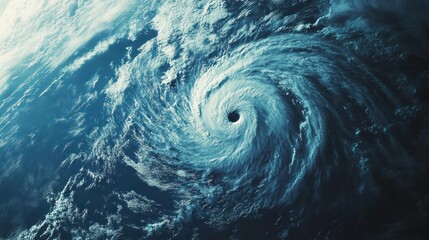 A powerful hurricane with swirling clouds and a dark center over