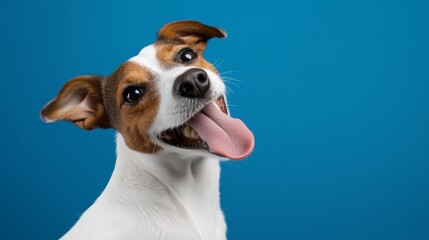 Jack Russell Terrier tilting head, tongue out, smiling against a blue background