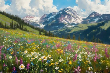 Fototapeta premium A painting of a mountain range with a field of flowers in the foreground, generative ai image