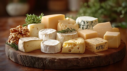 A variety of cheeses on a wooden platter, including brie, cheddar, and blue cheese, along with walnuts and herbs.