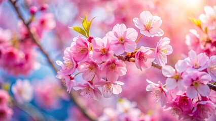 Obraz premium Low angle view of pink cherry blossom trees with blurred flowers in spring background