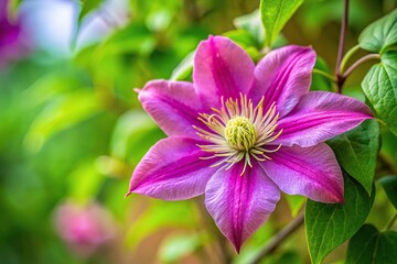 Low angle view of pink clematis flower with green leaves in close up