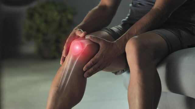 knee pain,person sitting on couch suffers from arthritis,close up on hands touching leg sore muscle,3d  graphic visualization of inflamed joint or tendon                                           