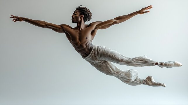 A muscular black male ballet dancer leaps through the air, arms outstretched, in a white costume.