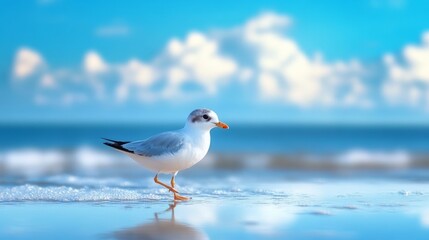 Bird walks, seen by blue sea and sky.