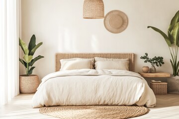 A serene, minimalist bedroom bathed in soft, natural light. The design features a simple