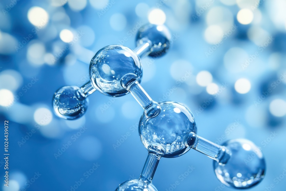 Poster a series of connected molecular structures floats in a vibrant blue background