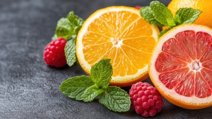A vibrant arrangement of sliced citrus fruits, fresh berries, and mint leaves creates a refreshing display on a dark background