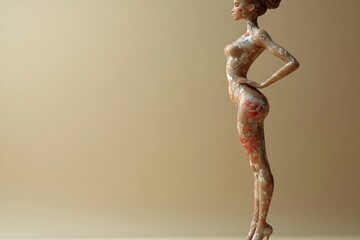 A woman in a nude body paint art pose with a light beige background.