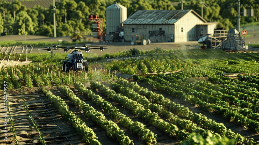 Poster Drones and robots utilize AI to monitor crops and enhance agricultural practices on a modern farm in daylight. Generative AI