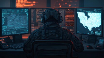 Soldier Operating Multiple Computer Screens at Night