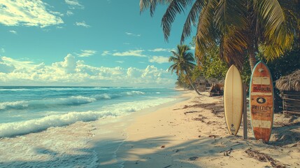 Tropical beach scene with surfboards and palm trees under clear sky