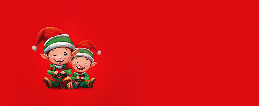 deux lutins du p&egrave;re No&euml;l souriants, assis par terre, sur un fond rouge au format banni&egrave;re web avec espace vide pour texte