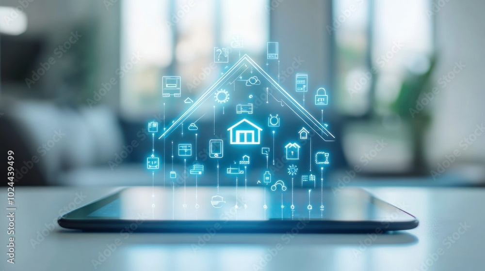 Poster a tablet displaying smart home icons, symbolizing connected technology and automation.
