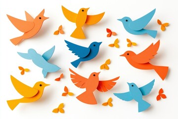 Obraz premium Colorful Paper Birds and Butterflies on a White Background