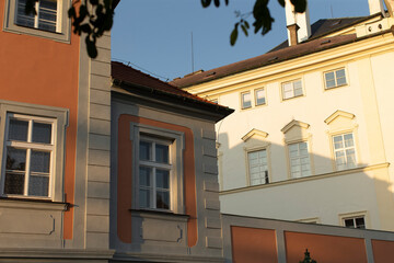 A long row of buildings with a large tree beautifully placed in the background, adding charm to the scene and enhancing the visual appeal
