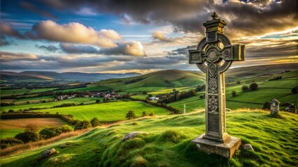 Celtic cross standing majestically on a hill, overlooking lush green valleys and dramatic clouds during sunset