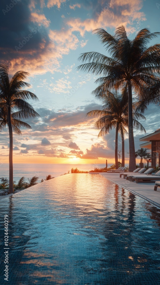 Poster a beautiful beach scene with a pool and palm trees