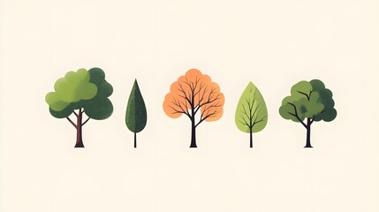 Five Stylized Trees with Different Foliage Colors and Shapes