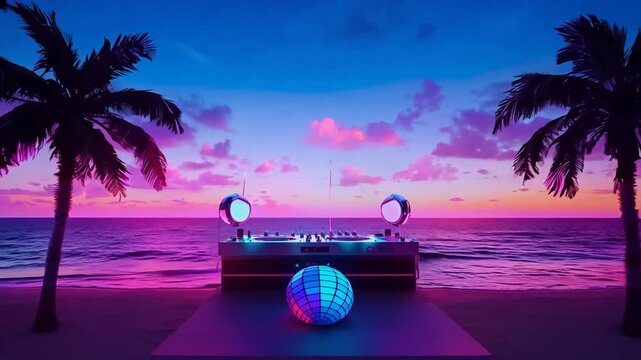 Synthwave disco aesthetic style on the beach	animation 4K