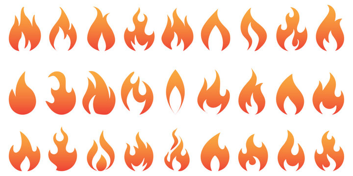 Fire icon set flames flammable sign symbol vcetor buttons light ignite burn hot silhouette vetor