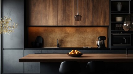 Modern kitchen with dark cabinets, wood counter top, and a bowl
