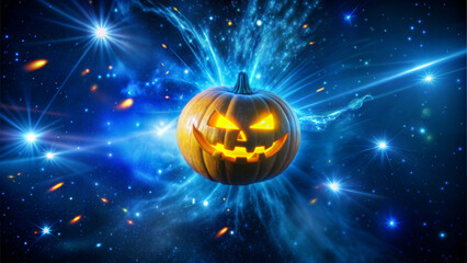 Scary carved pumpkin floating in a dark universe with stars exploding like a bomb.