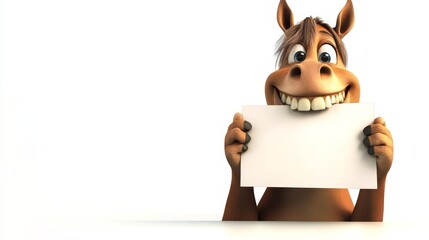 Majestic 3D Horse Holding Blank Sign in Its Teeth Under Warm Afternoon Light on White Background