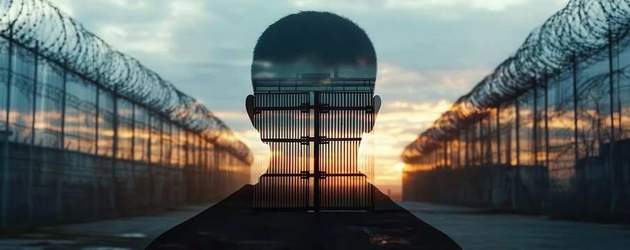 Inmate watching prison gates close, separation from freedom close up, focus on, copy space dark, solemn tones, double exposure silhouette with heavy gates