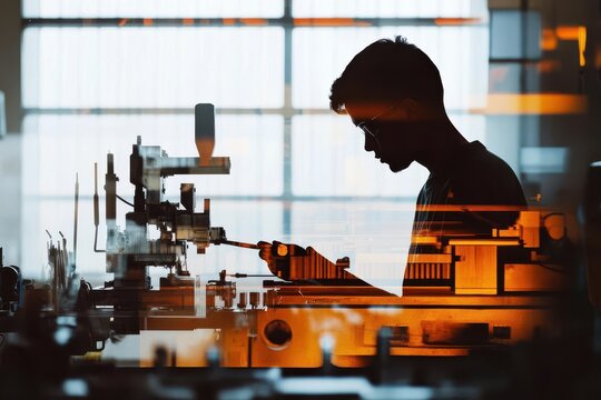 Inmate working in a prison workshop, focused on task close up, focus on, copy space warm industrial lighting, double exposure silhouette with tools and machines