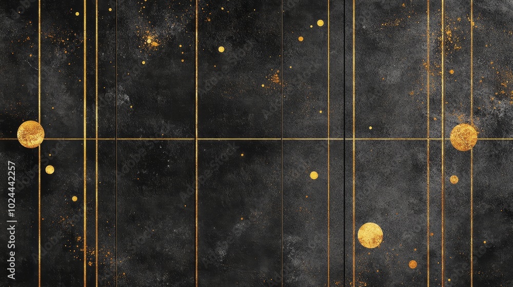 Poster a textured black background with golden lines and circular elements, creating an abstract design.
