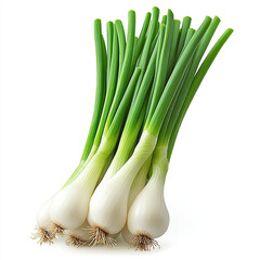 A bunch of green onions isolated on a white background with a clipping path